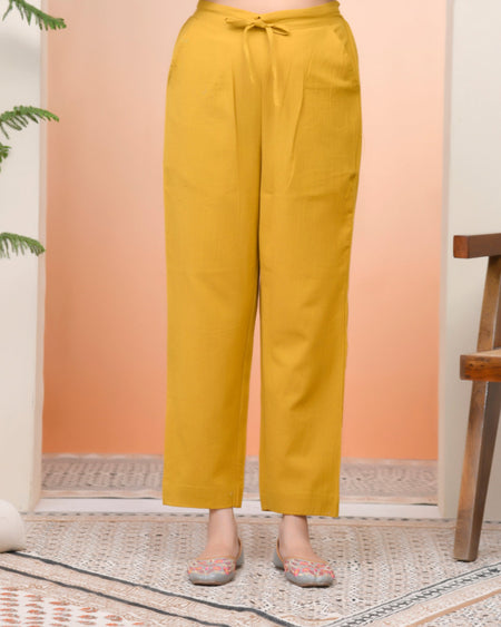 Vaasva Women Mustard Cotton Flax Solid Straight Pants
