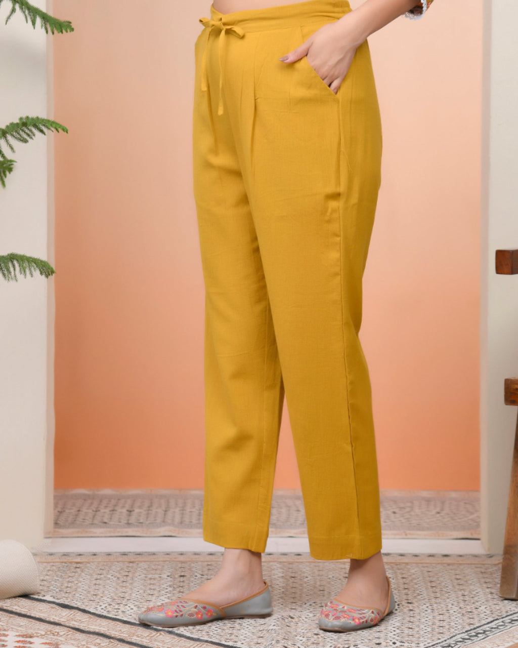 Vaasva Women Mustard Cotton Flax Solid Straight Pants