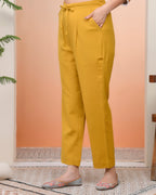Vaasva Women Mustard Cotton Flax Solid Straight Pants