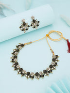 Tehzeeb Creations Black & White Gold Pleated Stone Studded Necklace With Earrings