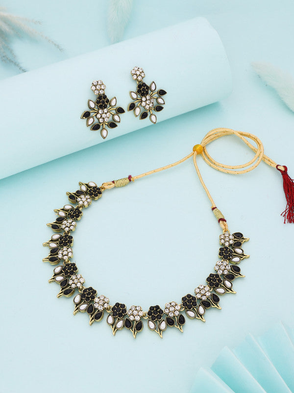 Tehzeeb Creations Black & White Gold Pleated Stone Studded Necklace With Earrings