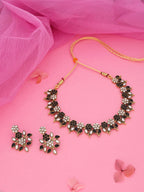Tehzeeb Creations Black & White Gold Pleated Stone Studded Necklace With Earrings