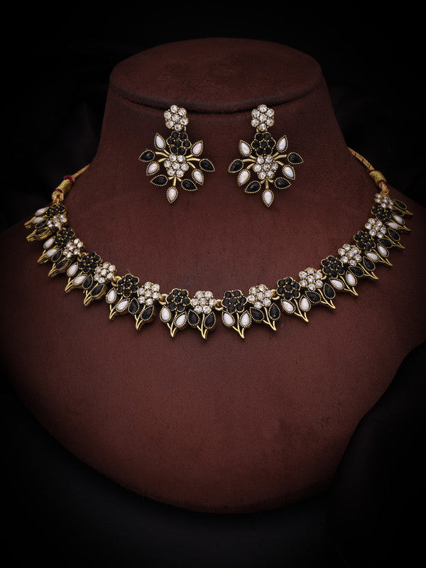 Tehzeeb Creations Black & White Gold Pleated Stone Studded Necklace With Earrings