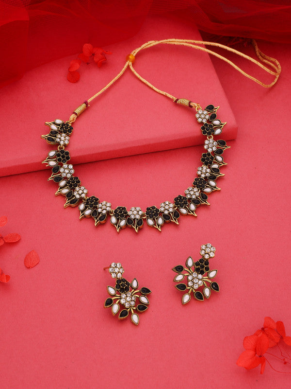Tehzeeb Creations Black & White Gold Pleated Stone Studded Necklace With Earrings