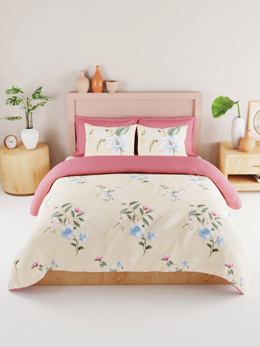 BIANCA Yellow & Blue Floral 186 TC King Bedsheet with 2 Pillow Covers
