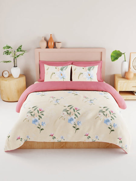 BIANCA Yellow & Blue Floral 186 TC King Bedsheet with 2 Pillow Covers