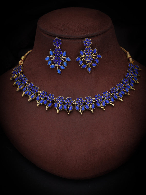 Tehzeeb Creations Blue Colour Gold Pleated Stone Studded Necklace With Earrings