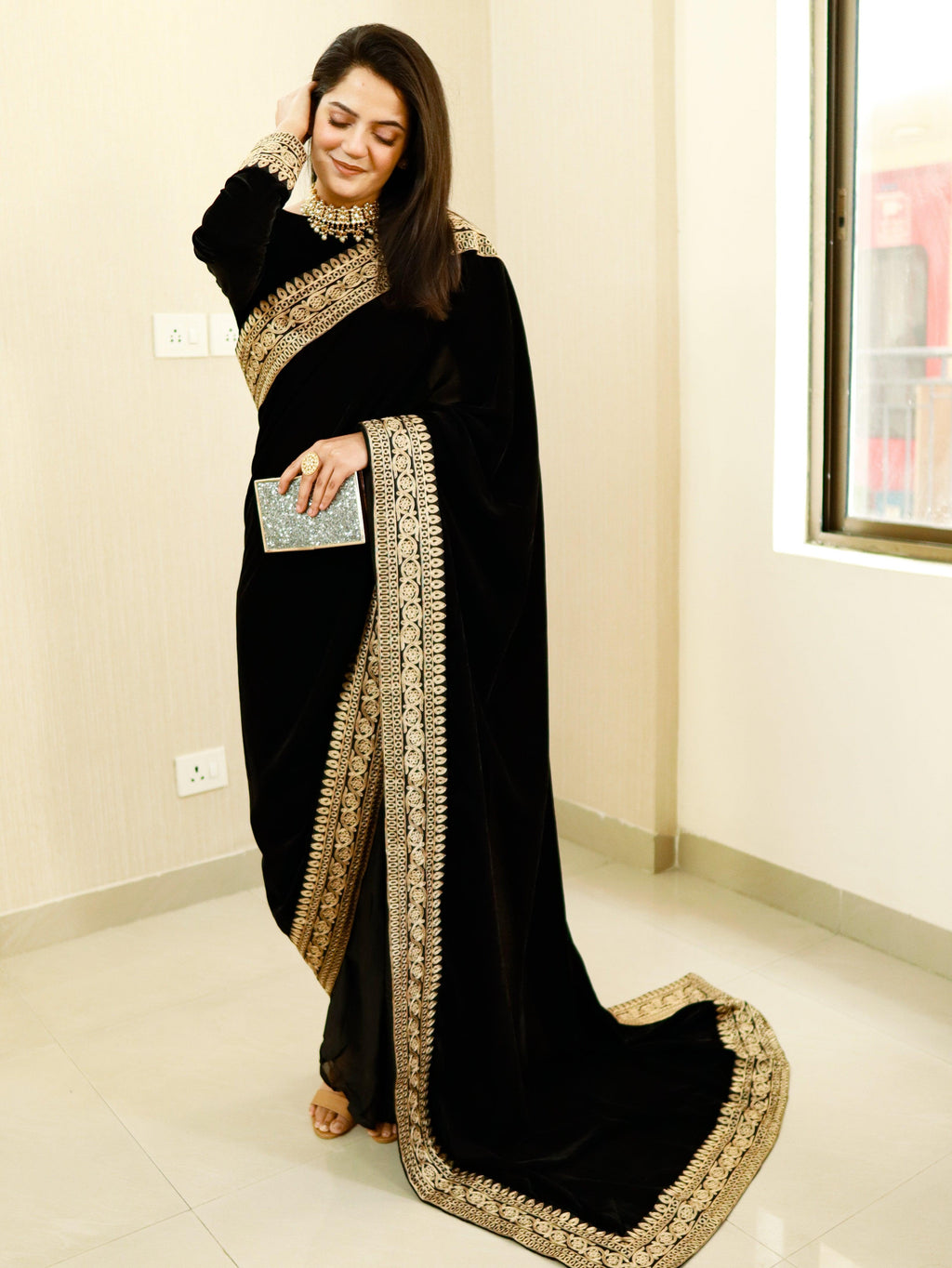 trueBrowns Velvet Silk Embroidered Ready Pleated Saree