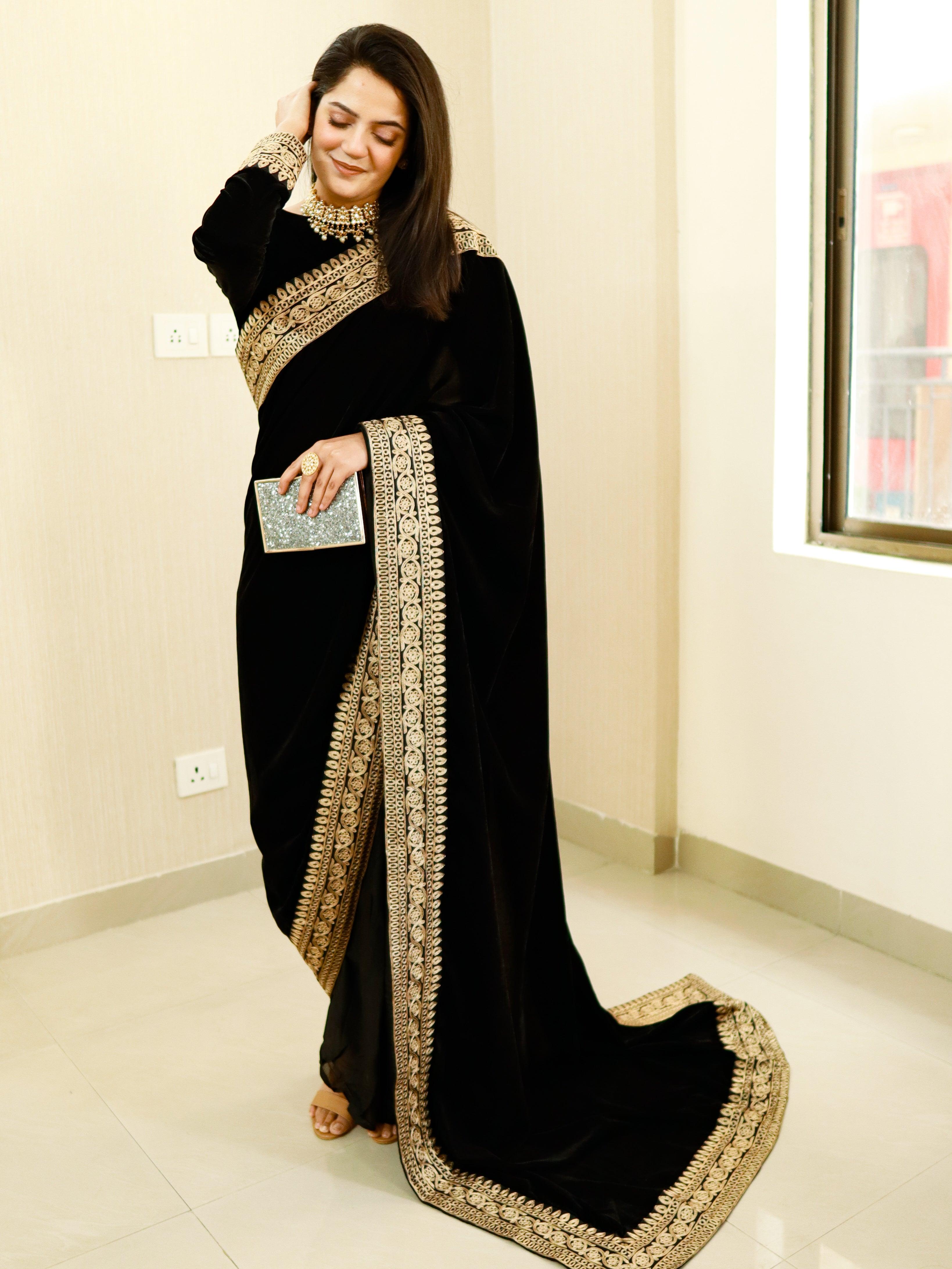 trueBrowns Velvet Silk Embroidered Ready Pleated Saree