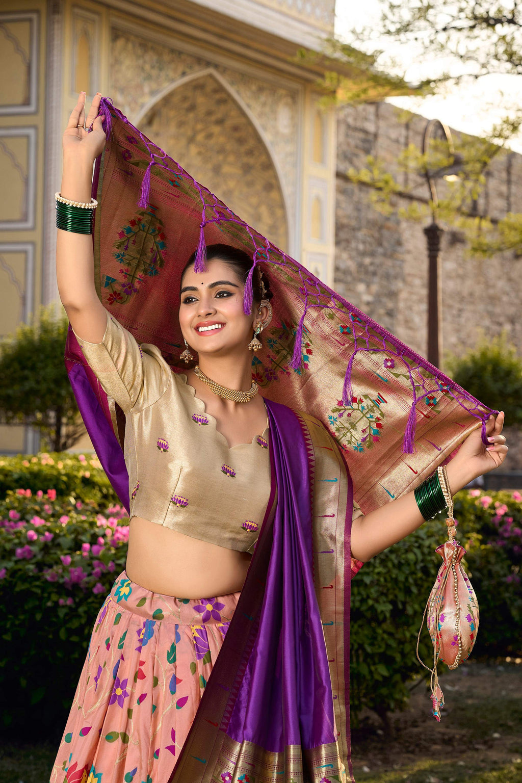 Lorenvalley Fashion Peach Jacquard Silk Paithani Weaving Zari Work Lehenga Choli with Dupatta