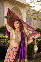 Lorenvalley Fashion Peach Jacquard Silk Paithani Weaving Zari Work Lehenga Choli with Dupatta
