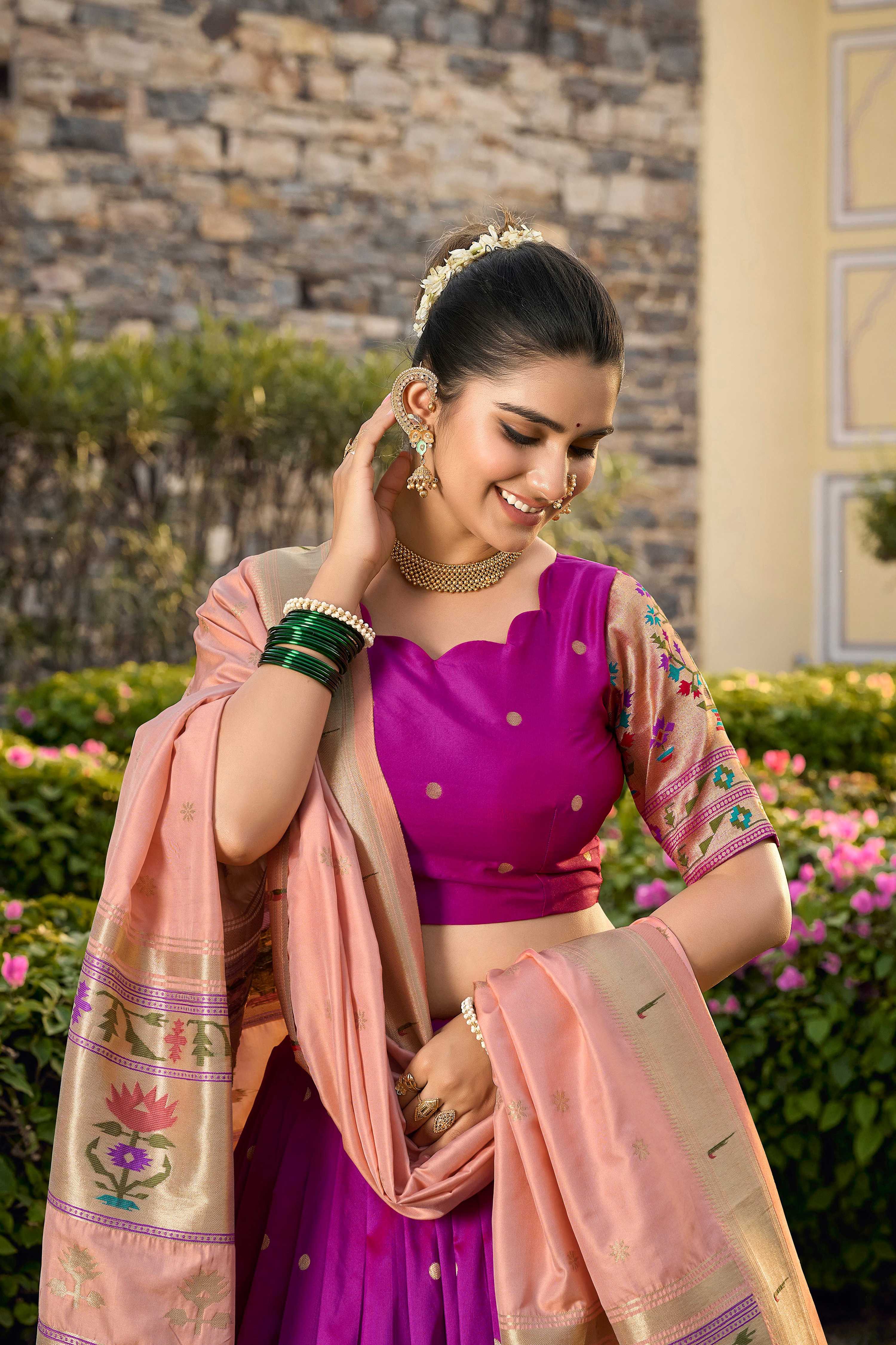 Lorenvalley Fashion Purple Jacquard Silk Paithani Weaving Zari Work Lehenga Choli with Dupatta
