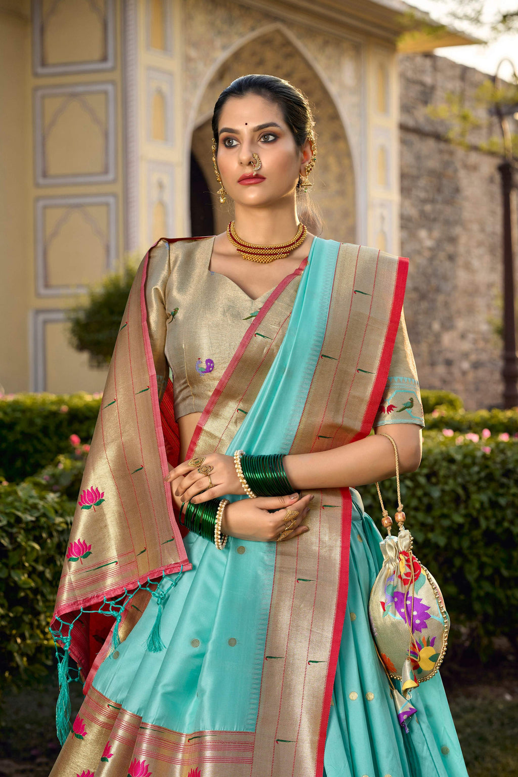 Lorenvalley Fashion Skyblue Jacquard Silk Paithani Weaving Zari Work Lehenga Choli with Dupatta