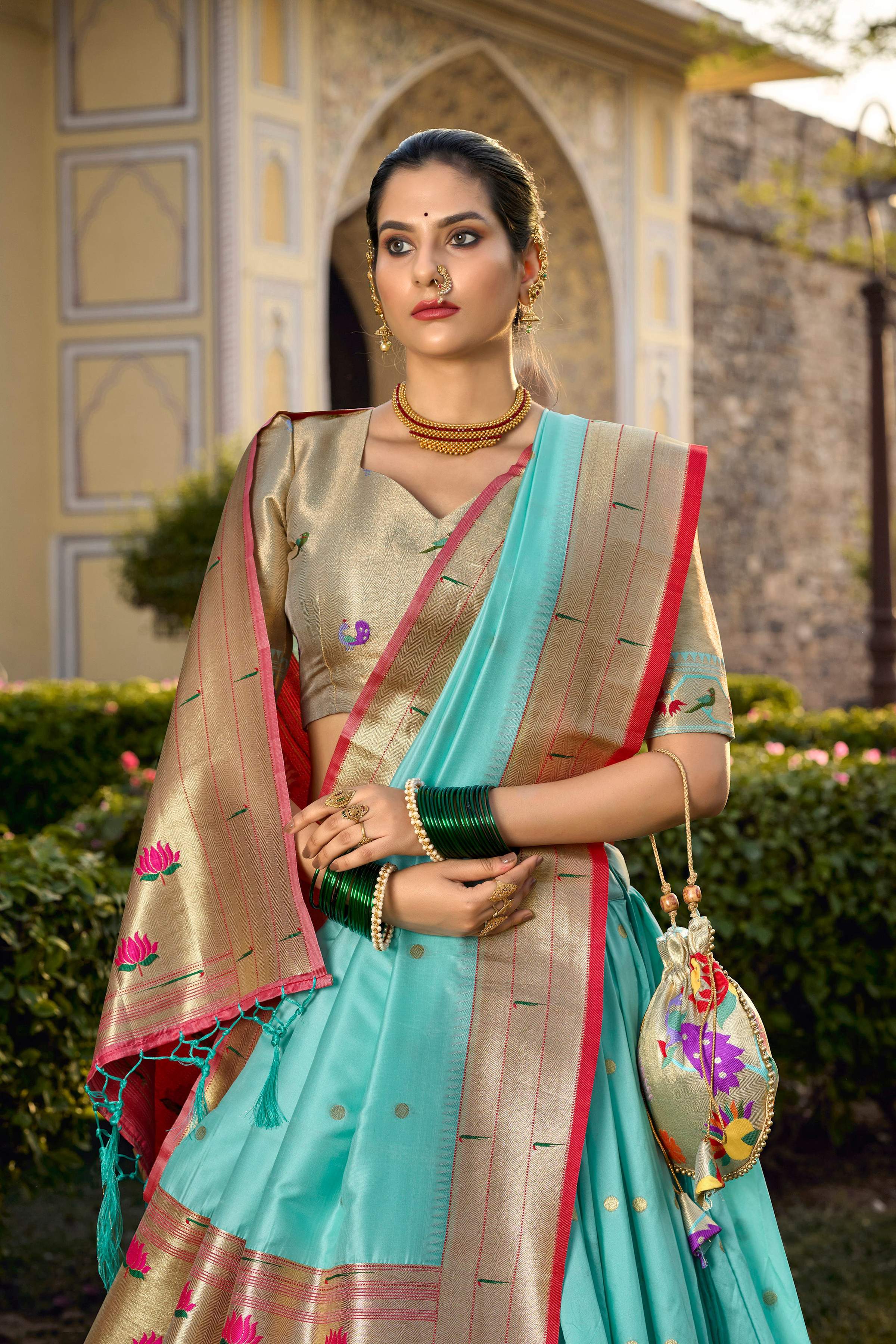 Lorenvalley Fashion Skyblue Jacquard Silk Paithani Weaving Zari Work Lehenga Choli with Dupatta