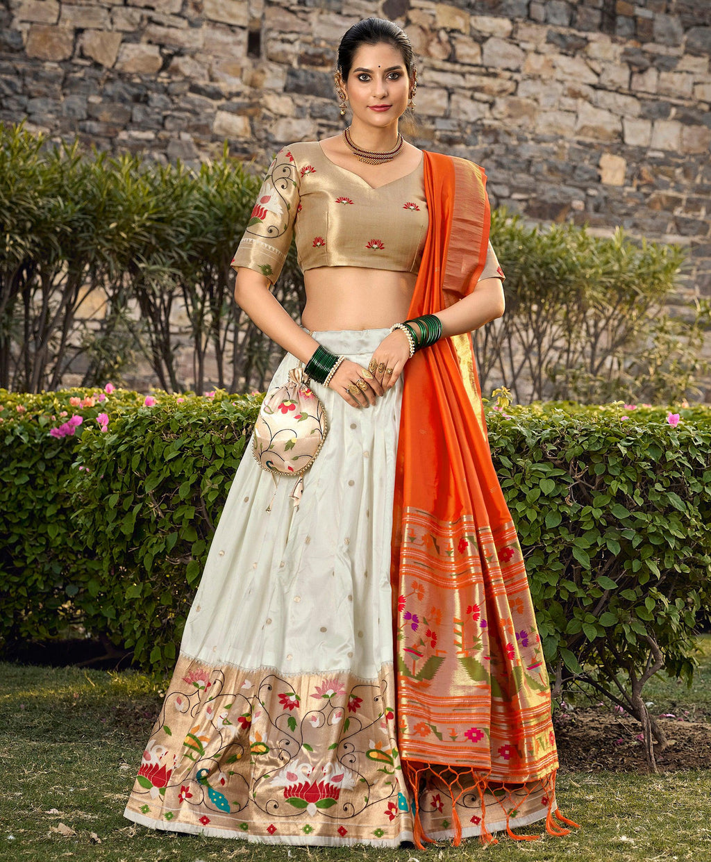 Lorenvalley Fashion White Jacquard Silk Paithani Weaving Zari Work Lehenga Choli with Dupatta