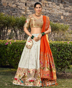 Lorenvalley Fashion White Jacquard Silk Paithani Weaving Zari Work Lehenga Choli with Dupatta