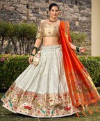 Lorenvalley Fashion White Jacquard Silk Paithani Weaving Zari Work Lehenga Choli with Dupatta