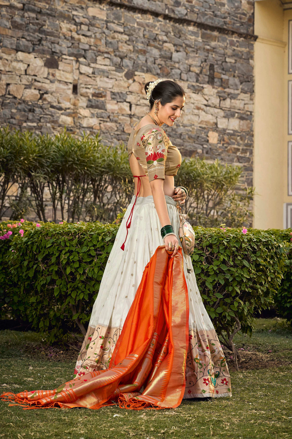Lorenvalley Fashion White Jacquard Silk Paithani Weaving Zari Work Lehenga Choli with Dupatta