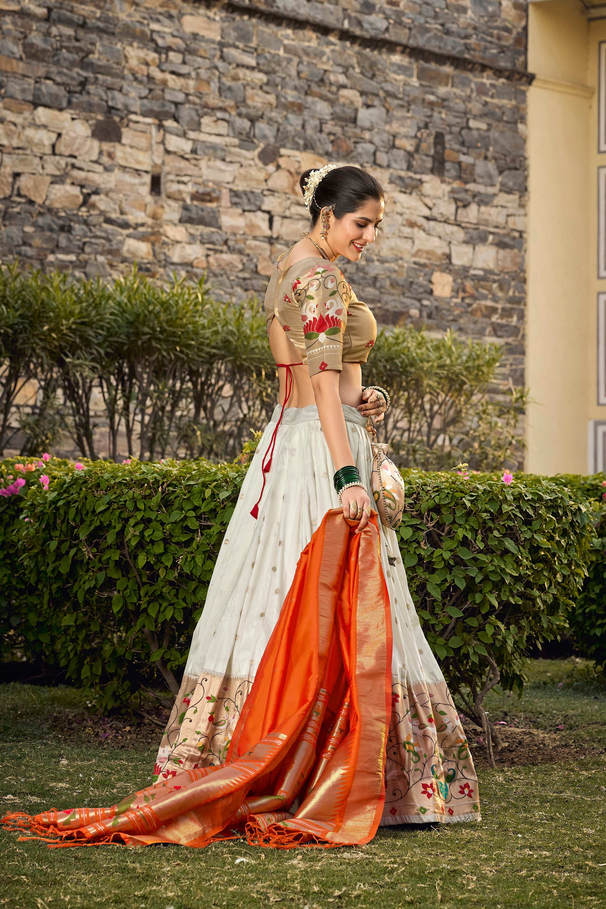 Lorenvalley Fashion White Jacquard Silk Paithani Weaving Zari Work Lehenga Choli with Dupatta