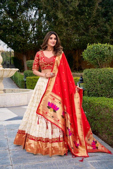 Lorenvalley Fashion White Silk Paithani Zari Weaving Work With Sequins And Thread Embroidery Lace Border Lehenga Choli With Dupatta