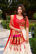 Lorenvalley Fashion White Silk Paithani Zari Weaving Work With Sequins And Thread Embroidery Lace Border Lehenga Choli With Dupatta - Distacart