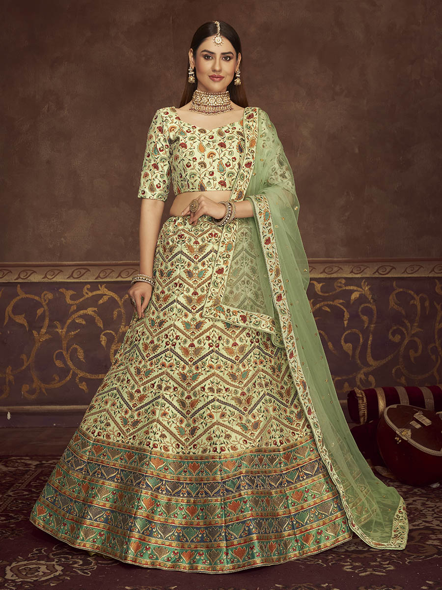 Myra Mint Green Art Silk Embroidered Designer Lehenga