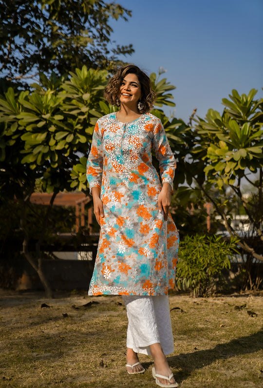 Rangreza Ethnic Leela Mulmul Chikankari Kurta Orange - Distacart