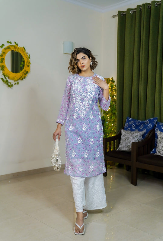 Rangreza Ethnic Eliza Georgette Chikankari Kurta With Inner (Set Of 2) Lavender - Distacart