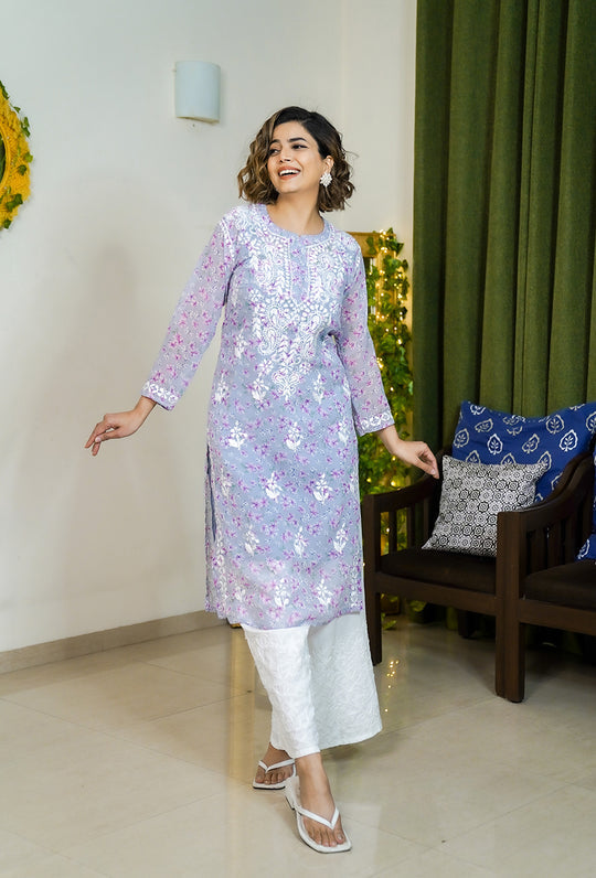Rangreza Ethnic Eliza Georgette Chikankari Kurta With Inner (Set Of 2) Lavender - Distacart