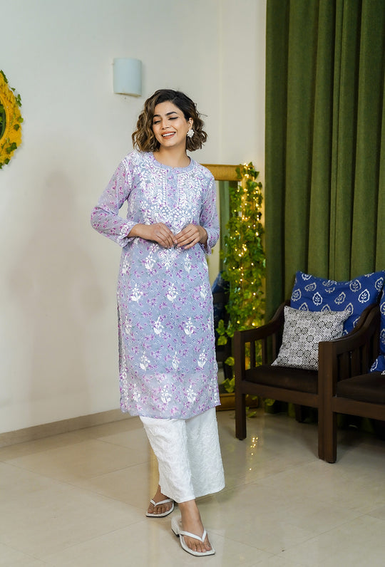 Rangreza Ethnic Eliza Georgette Chikankari Kurta With Inner (Set Of 2) Lavender - Distacart