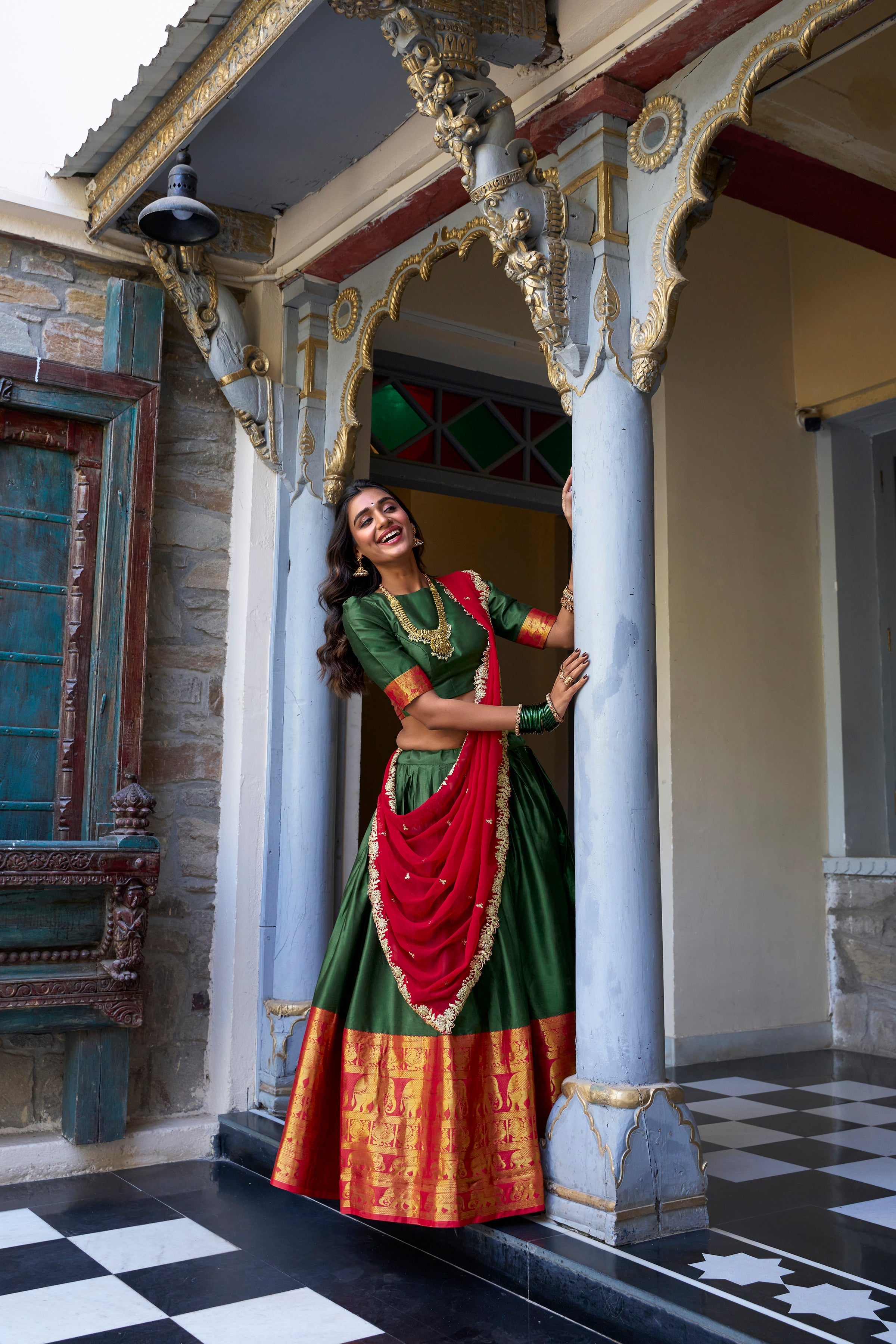Lorenvalley Green Narayan Pattu Fabric with Zari Weaving Work Lehenga Choli