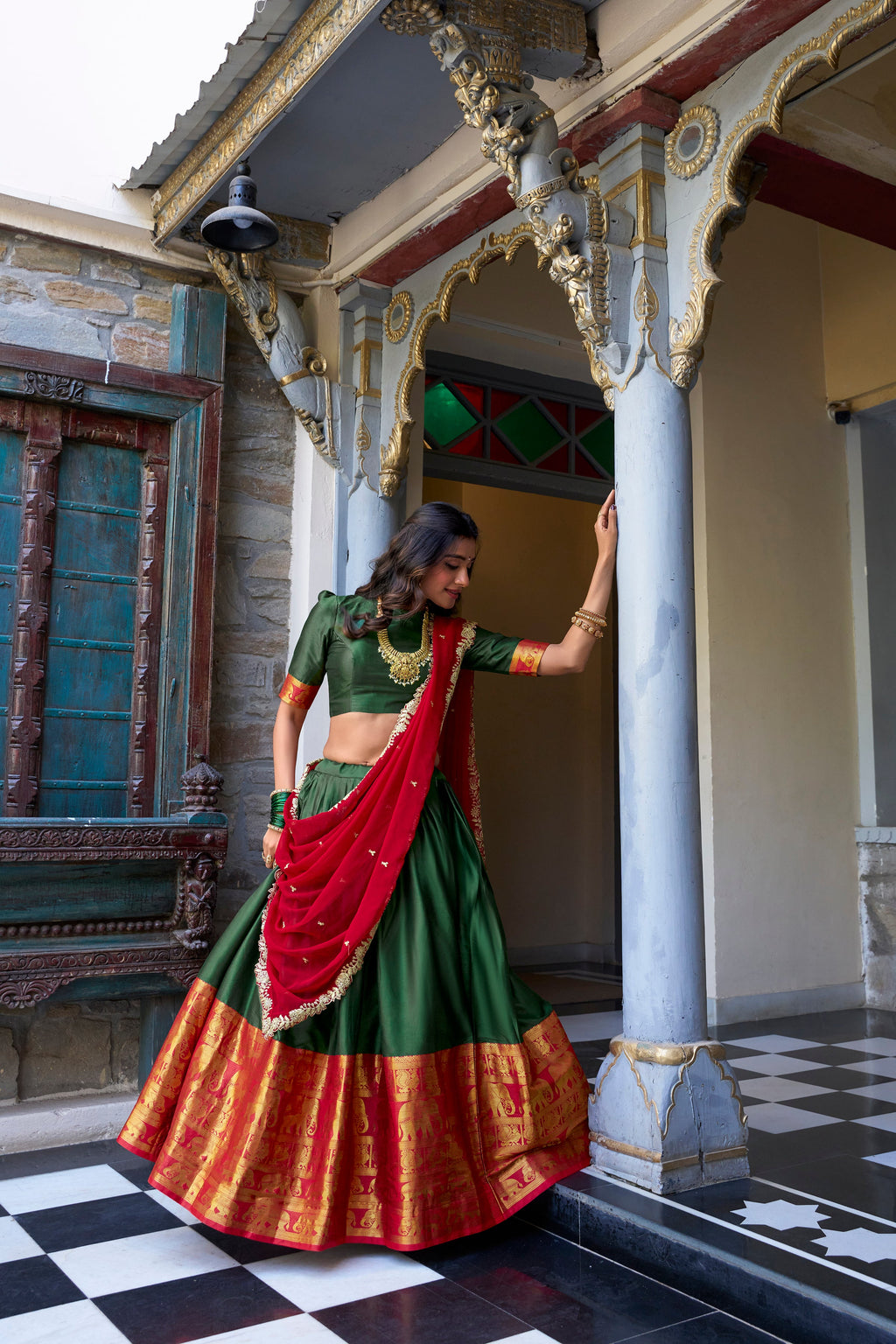 Lorenvalley Green Narayan Pattu Fabric with Zari Weaving Work Lehenga Choli