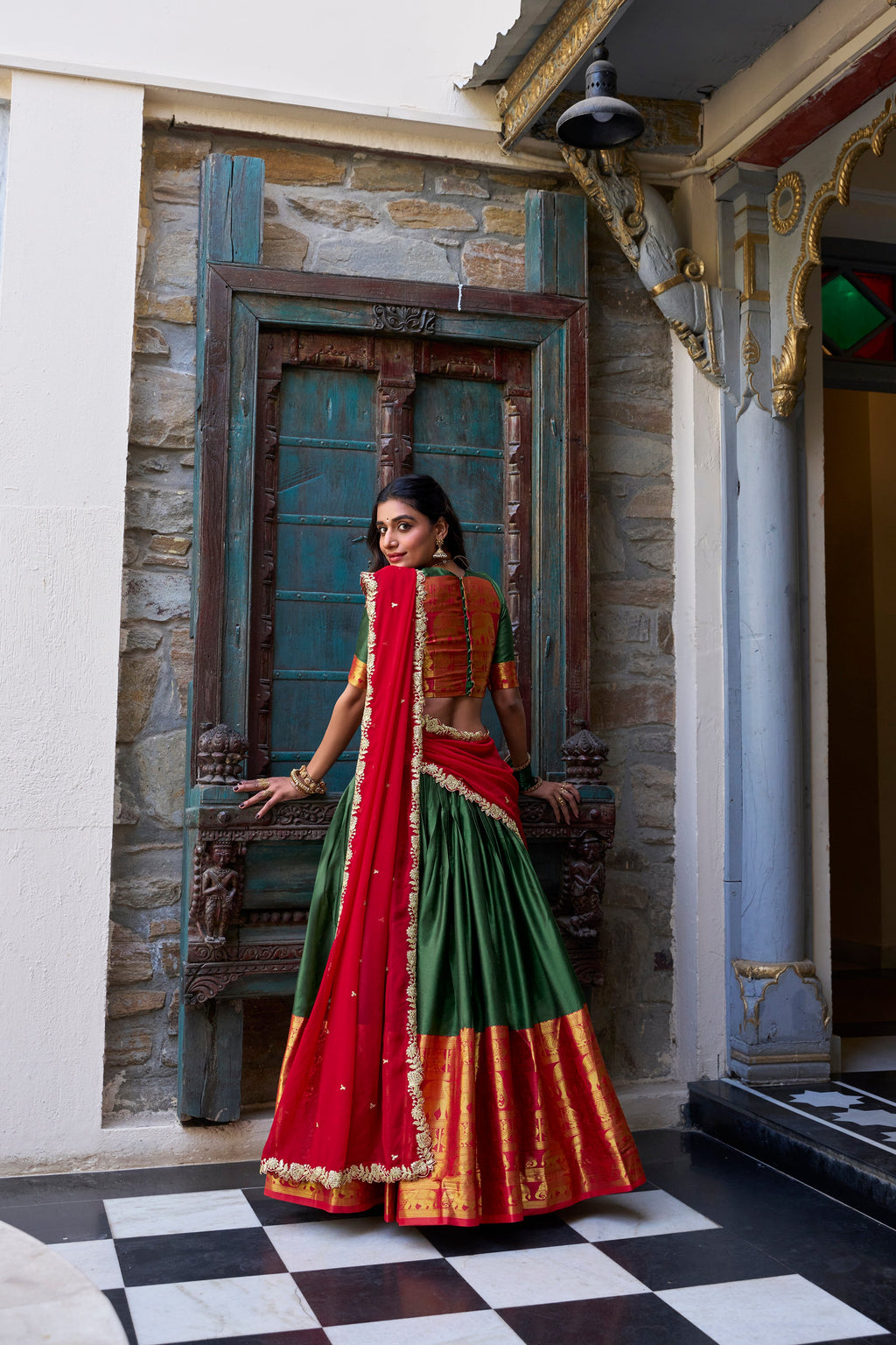 Lorenvalley Green Narayan Pattu Fabric with Zari Weaving Work Lehenga Choli