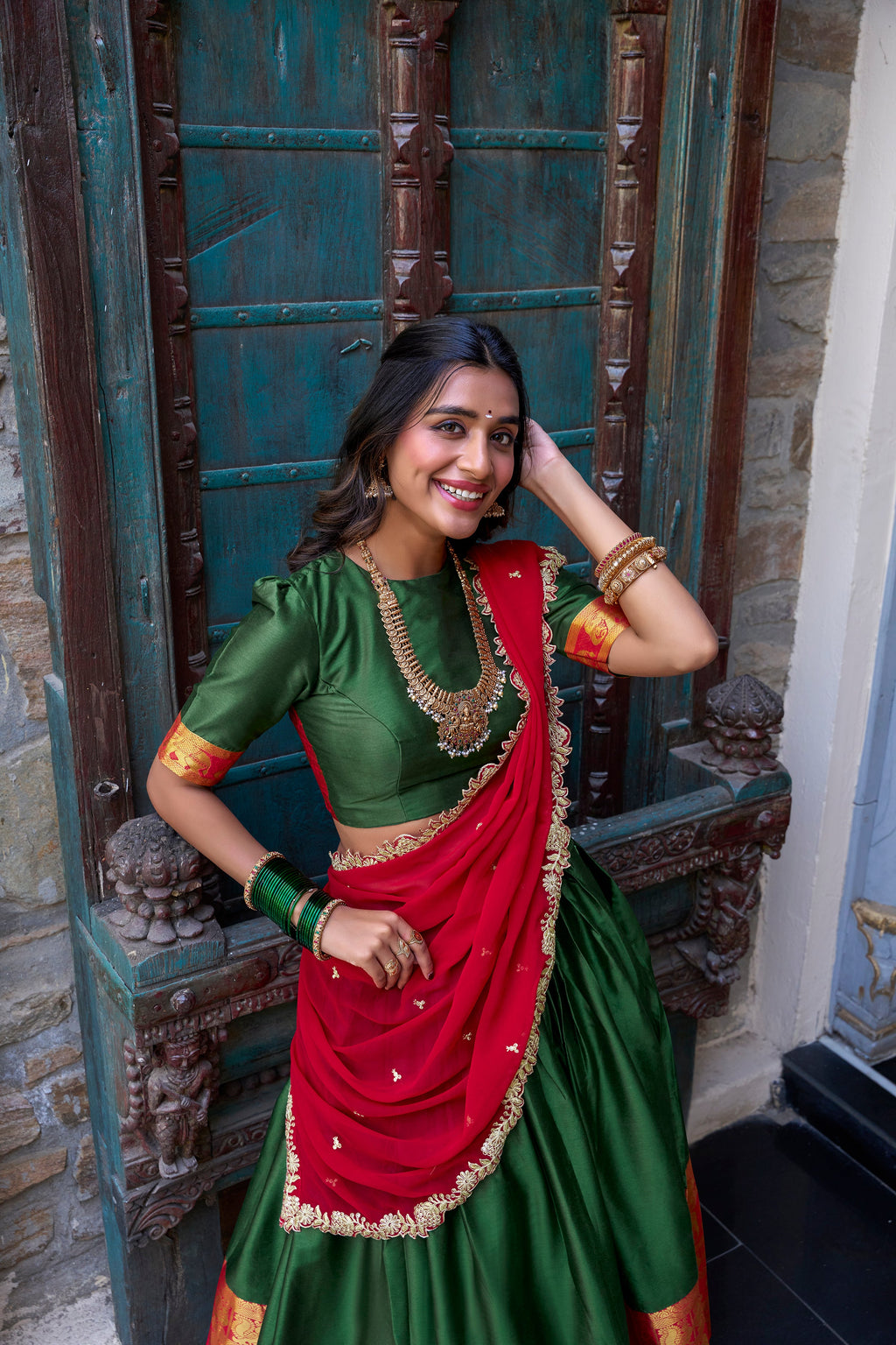 Lorenvalley Green Narayan Pattu Fabric with Zari Weaving Work Lehenga Choli