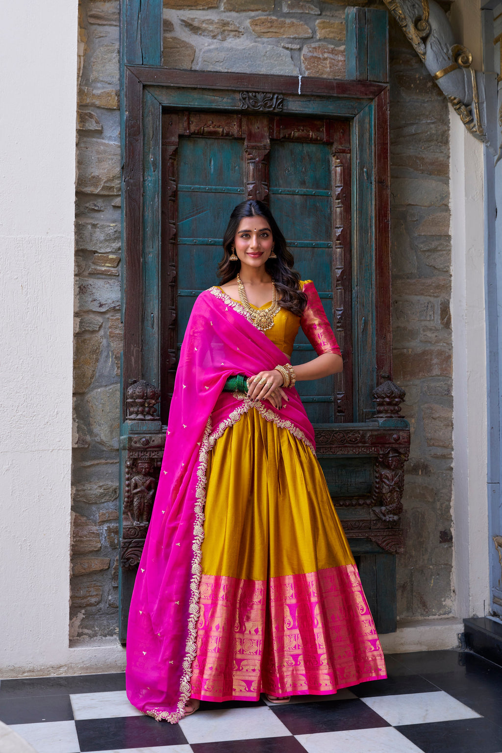 Lorenvalley Mustard Narayan Pattu Fabric with Zari Weaving Work Lehenga Choli