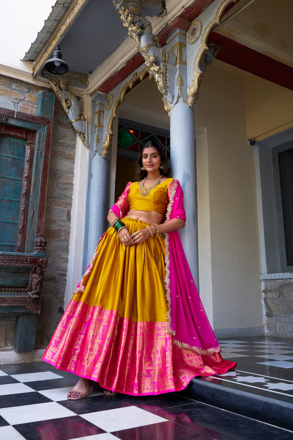 Lorenvalley Mustard Narayan Pattu Fabric with Zari Weaving Work Lehenga Choli