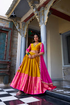 Lorenvalley Mustard Narayan Pattu Fabric with Zari Weaving Work Lehenga Choli