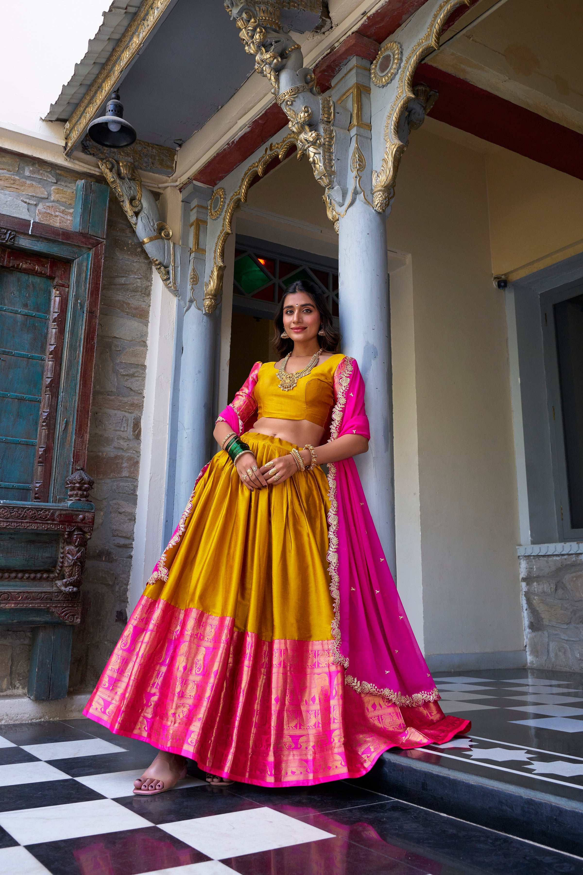 Lorenvalley Mustard Narayan Pattu Fabric with Zari Weaving Work Lehenga Choli