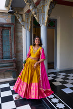Lorenvalley Mustard Narayan Pattu Fabric with Zari Weaving Work Lehenga Choli