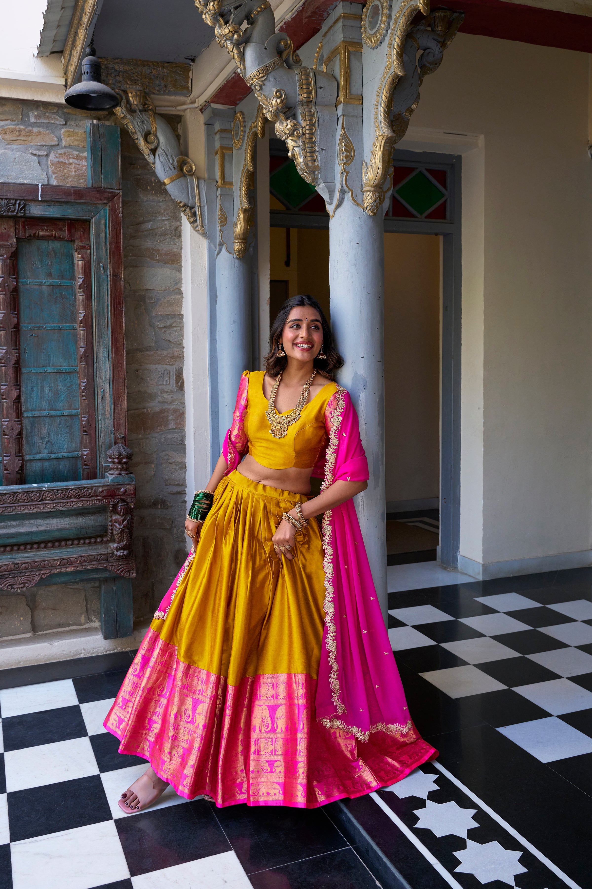 Lorenvalley Mustard Narayan Pattu Fabric with Zari Weaving Work Lehenga Choli
