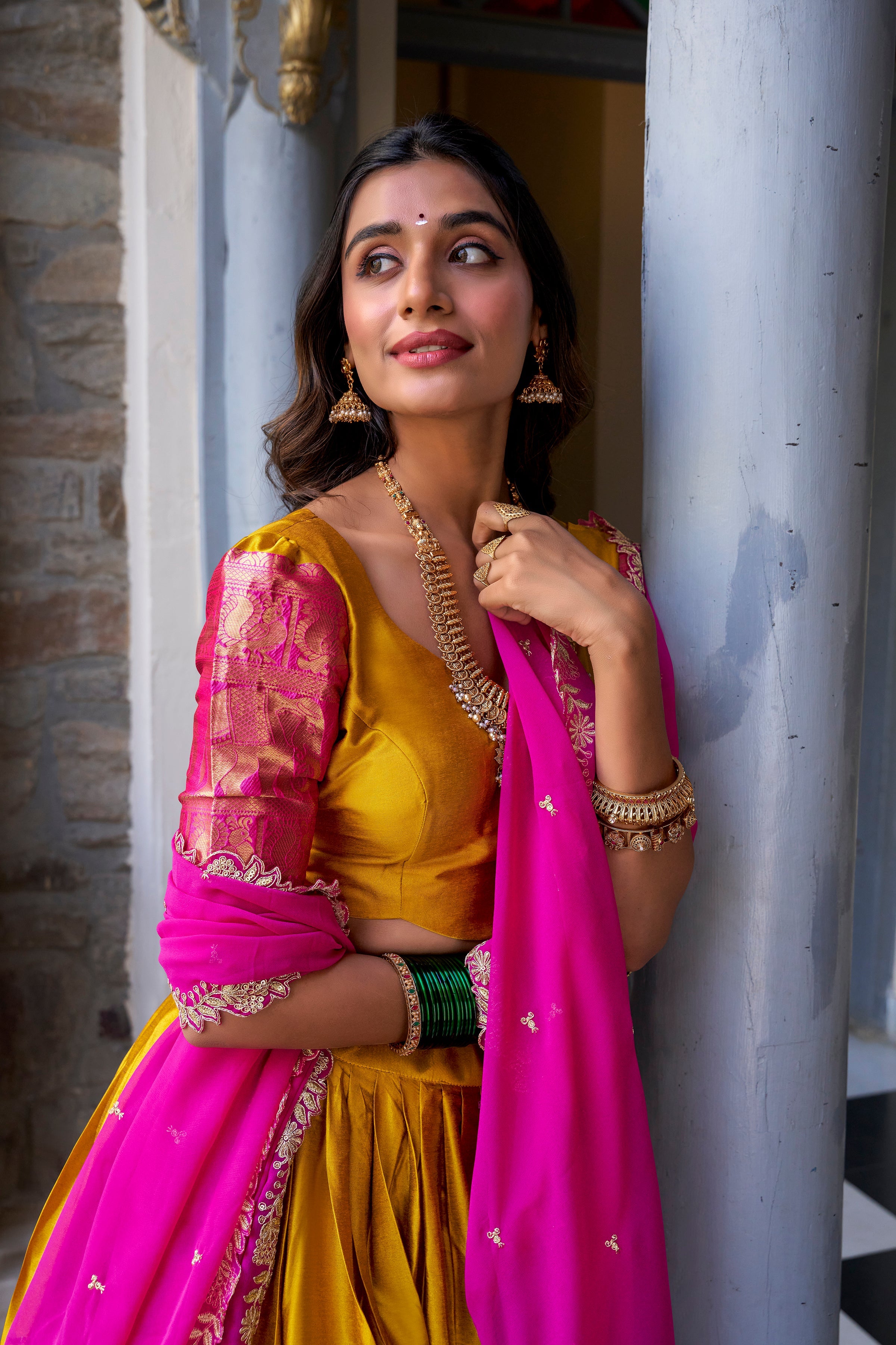Lorenvalley Mustard Narayan Pattu Fabric with Zari Weaving Work Lehenga Choli