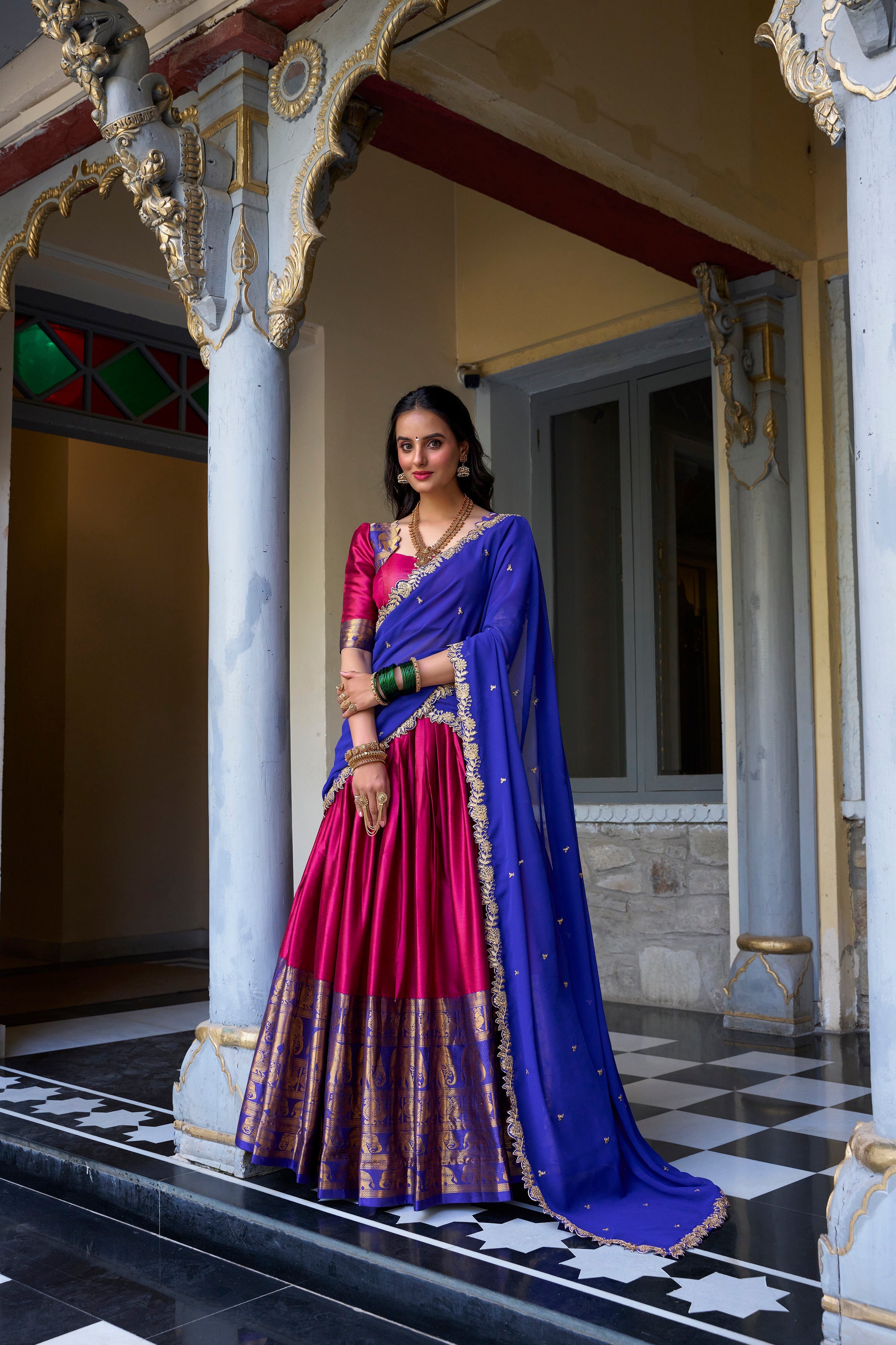 Lorenvalley Pink Narayan Pattu Fabric with Zari Weaving Work Lehenga Choli
