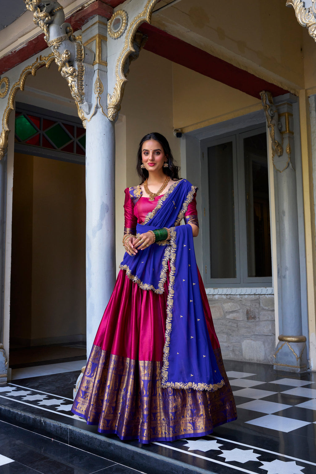 Lorenvalley Pink Narayan Pattu Fabric with Zari Weaving Work Lehenga Choli
