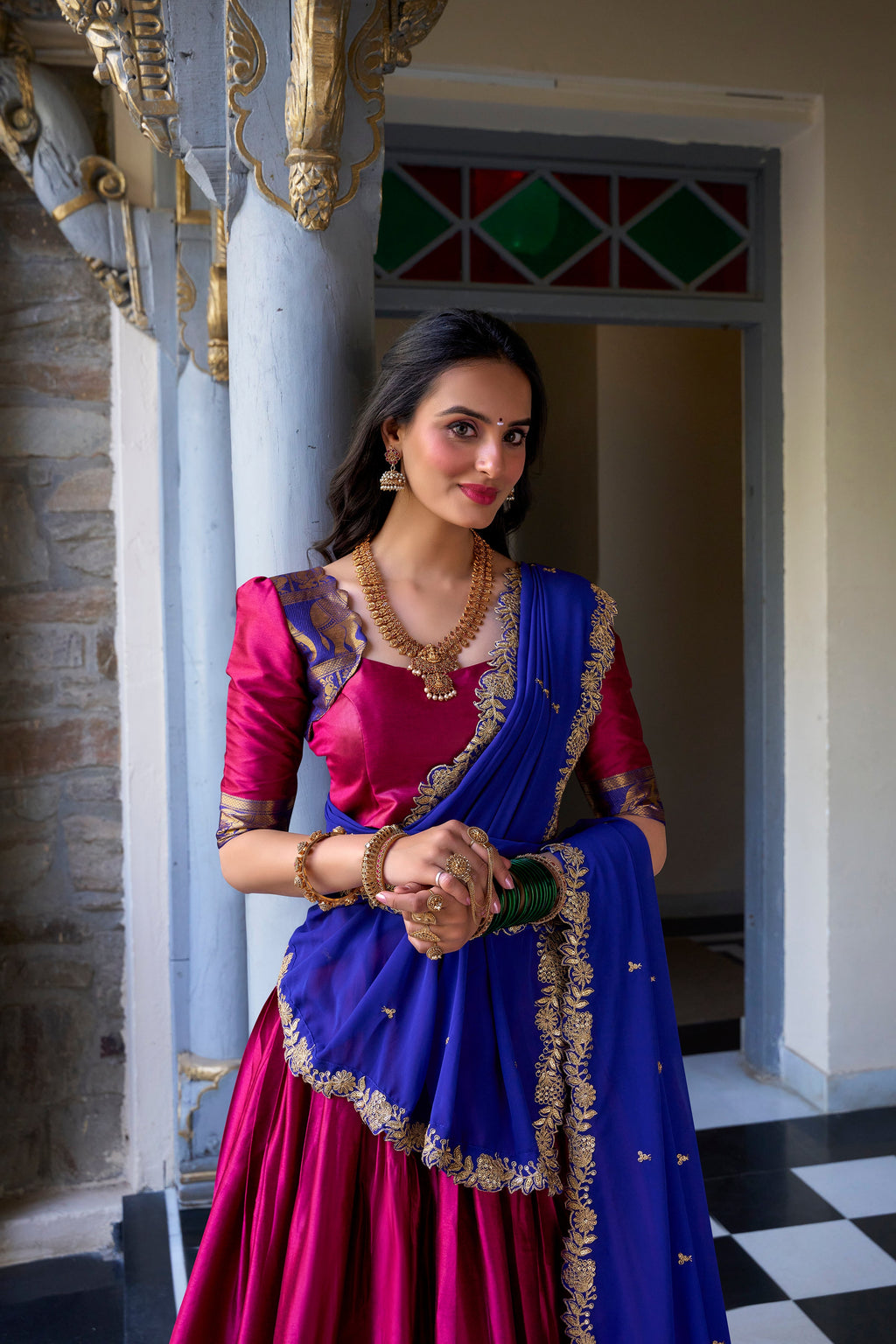 Lorenvalley Pink Narayan Pattu Fabric with Zari Weaving Work Lehenga Choli