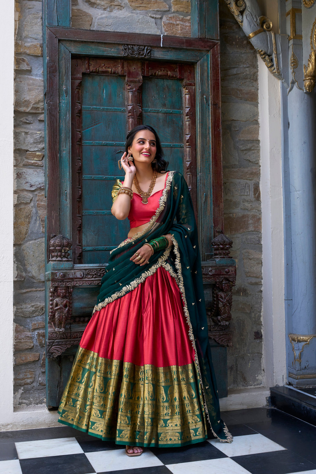 Lorenvalley Red Narayan Pattu Fabric with Zari Weaving Work Lehenga Choli