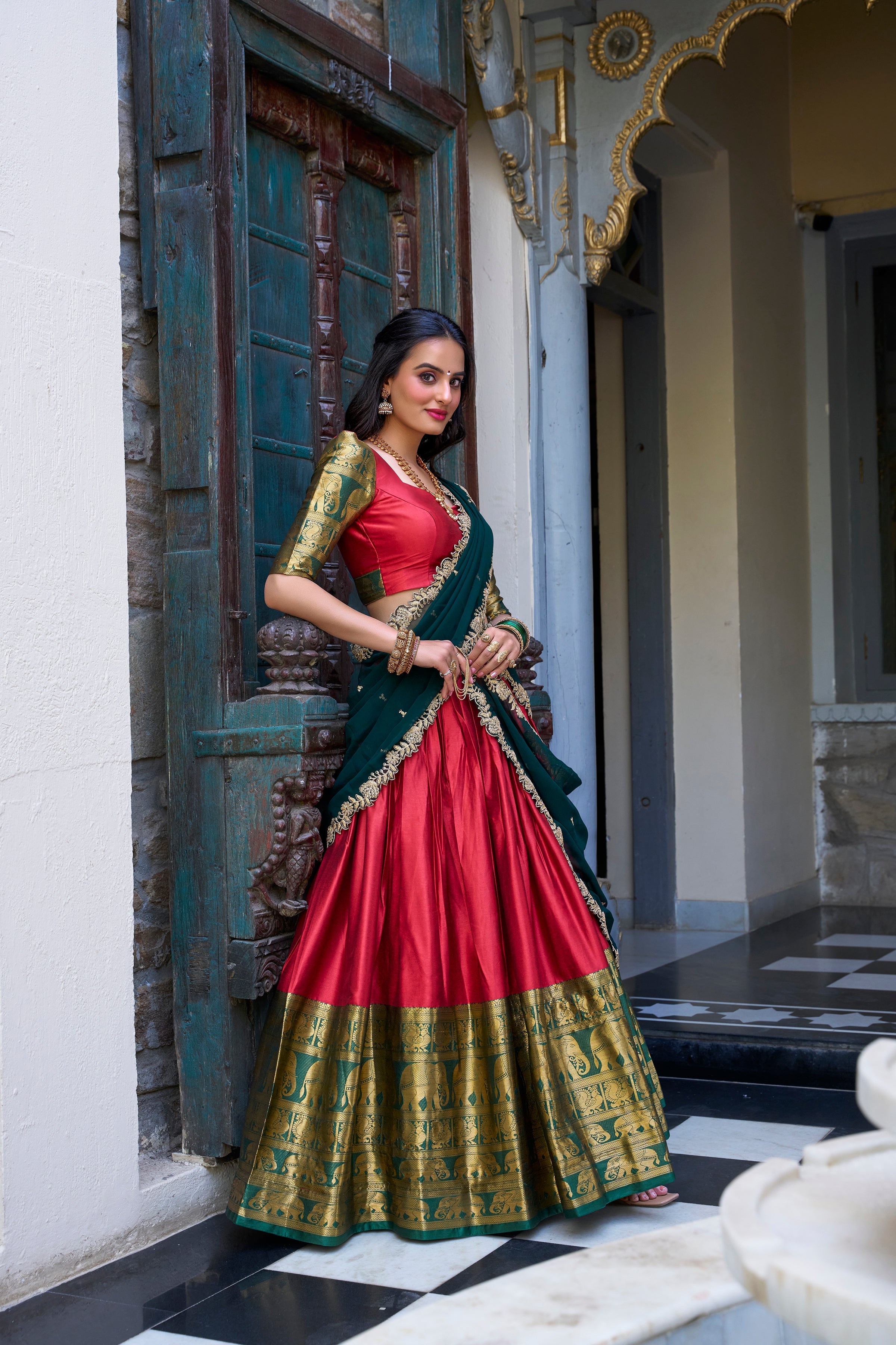 Lorenvalley Red Narayan Pattu Fabric with Zari Weaving Work Lehenga Choli