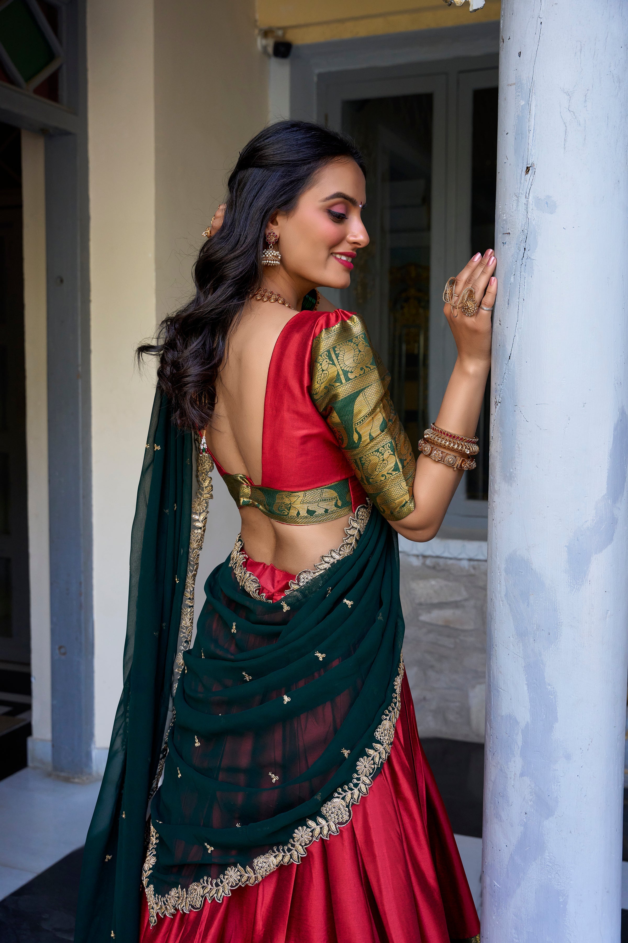 Lorenvalley Red Narayan Pattu Fabric with Zari Weaving Work Lehenga Choli