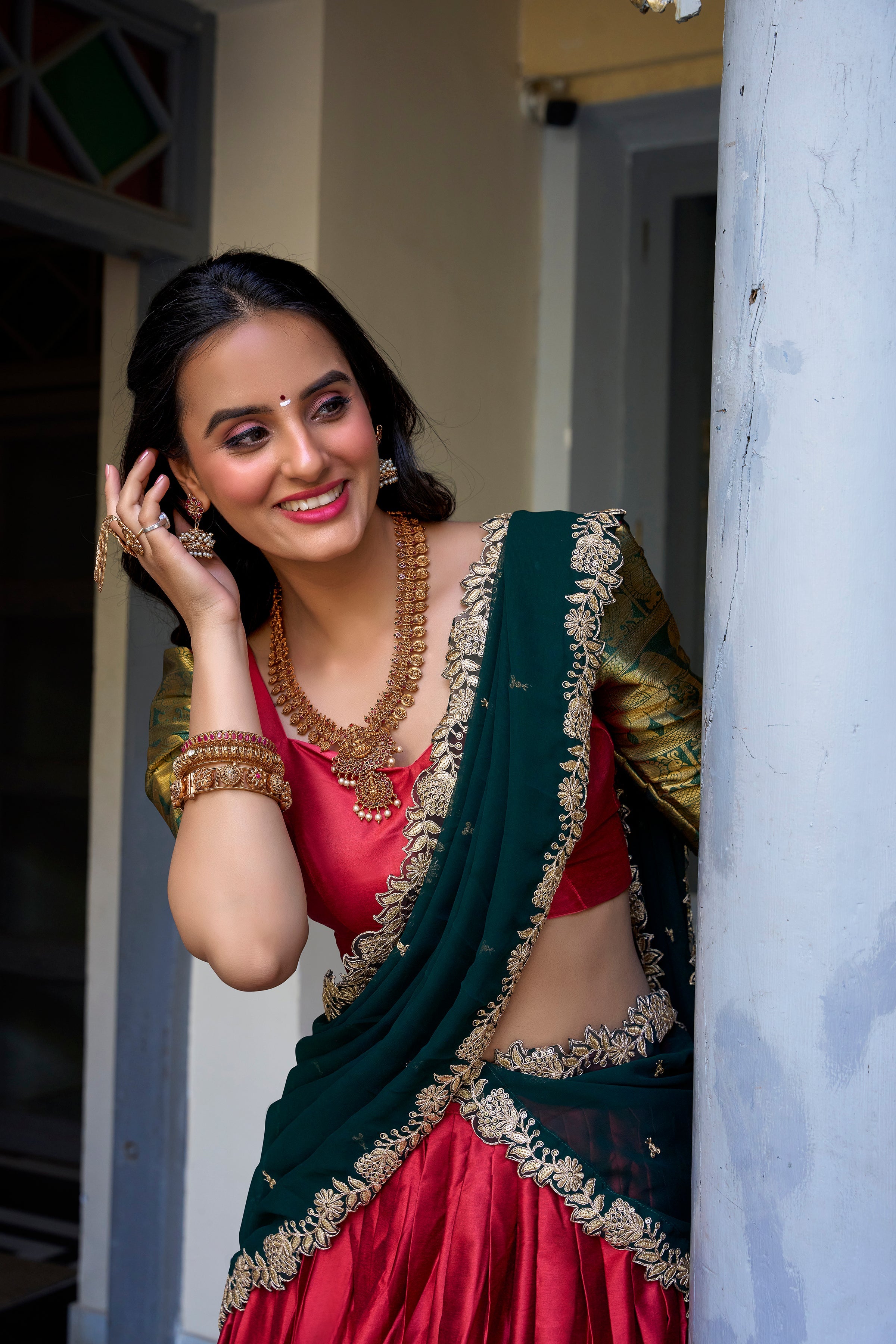 Lorenvalley Red Narayan Pattu Fabric with Zari Weaving Work Lehenga Choli