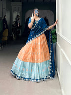 Lorenvalley Orange Zari Kota Zari Weaving Work With Sequins and Thread Embroidery Scallop Lace Border Lehenga Choli with Dupatta