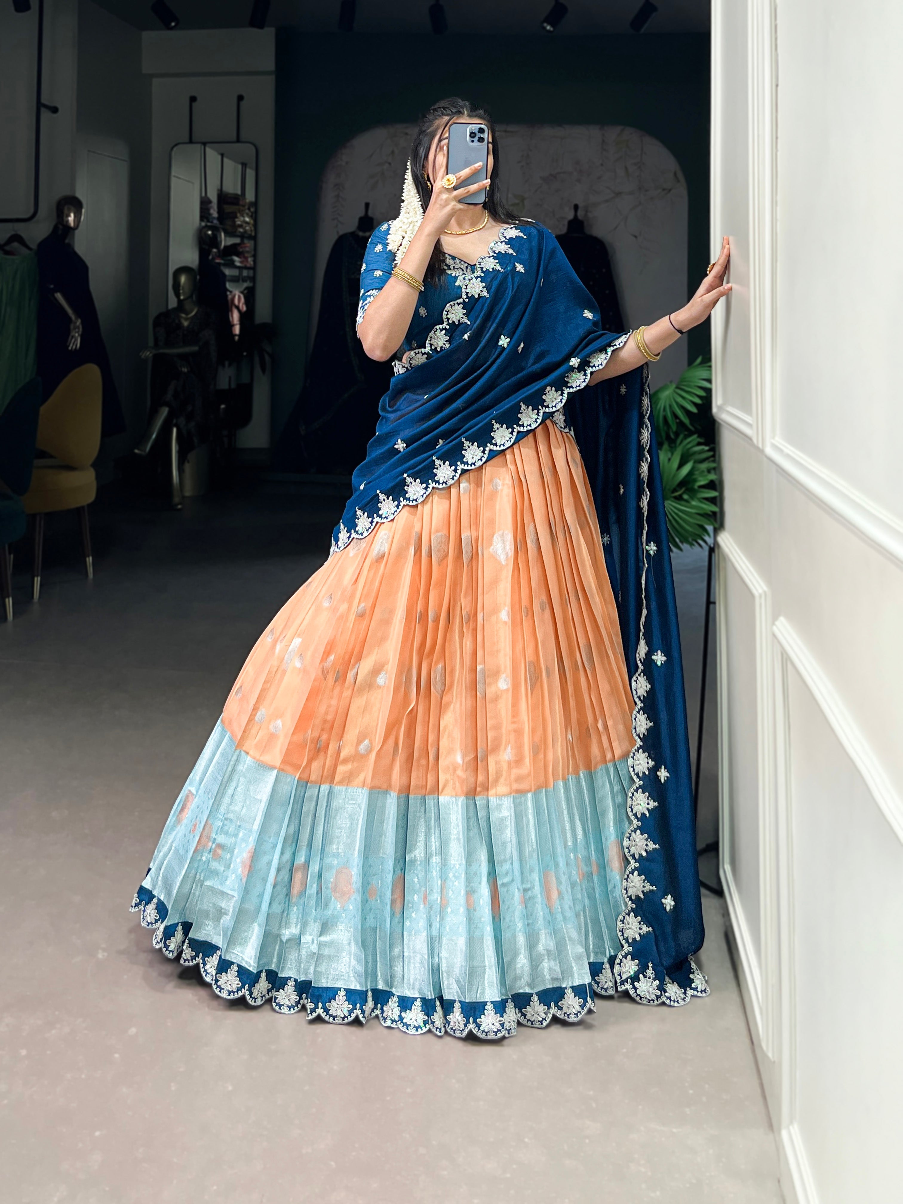 Lorenvalley Orange Zari Kota Zari Weaving Work With Sequins and Thread Embroidery Scallop Lace Border Lehenga Choli with Dupatta